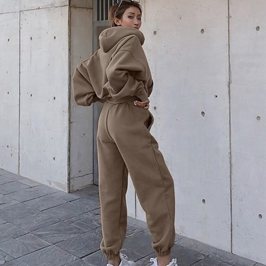 Damen nan kuscheliges kurzes Kapuzenpullover- und hochgeschnittene Jogginghose Set EB
