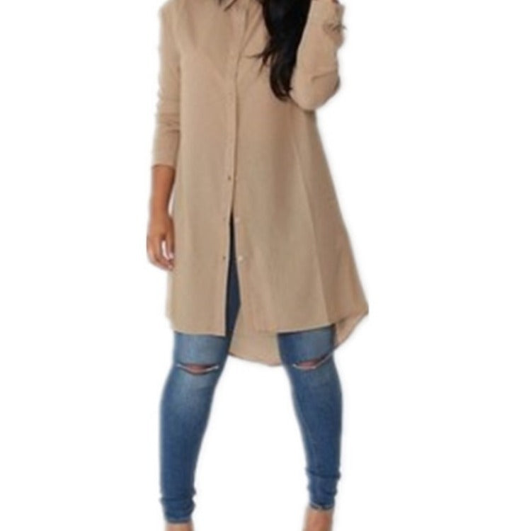 Damen Langes Hemdkleid‑Tunika mit Knopfleiste, Hemdkragen und asymmetrischem Saum EB