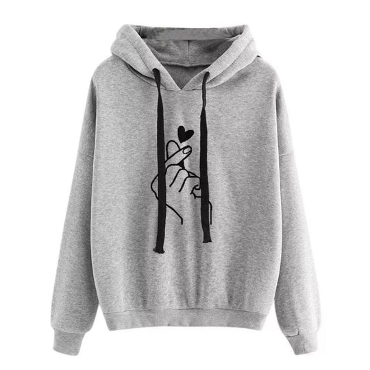 Damen Oversize-Kapuzenpullover mit Fingerherz‑Print und Kordelzug EB