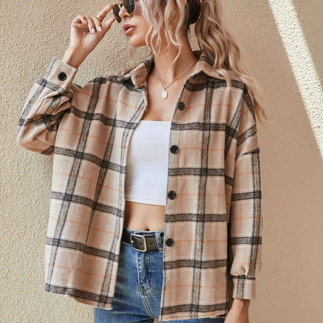 Damen Oversize Karierte Hemdjacke aus gebürstetem Flanell mit Knopfleiste EB