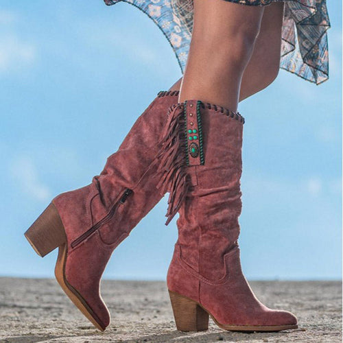 EB | Kniestrumpf Stiefel Kunst Wildleder Blockabsatz Fransen und Nieten Western Stil