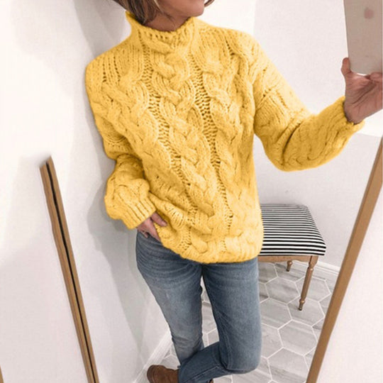 Damen Grobstrickpullover mit Kunststrickmuster und hohem Kragen EB