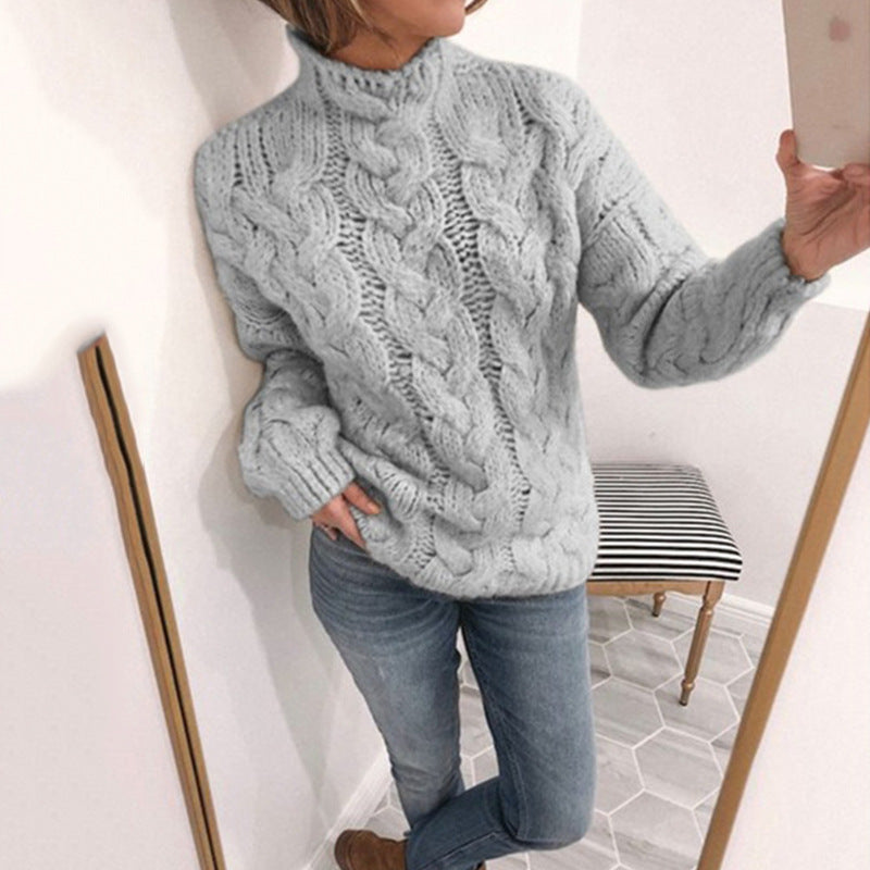 Damen Grobstrickpullover mit Kunststrickmuster und hohem Kragen EB