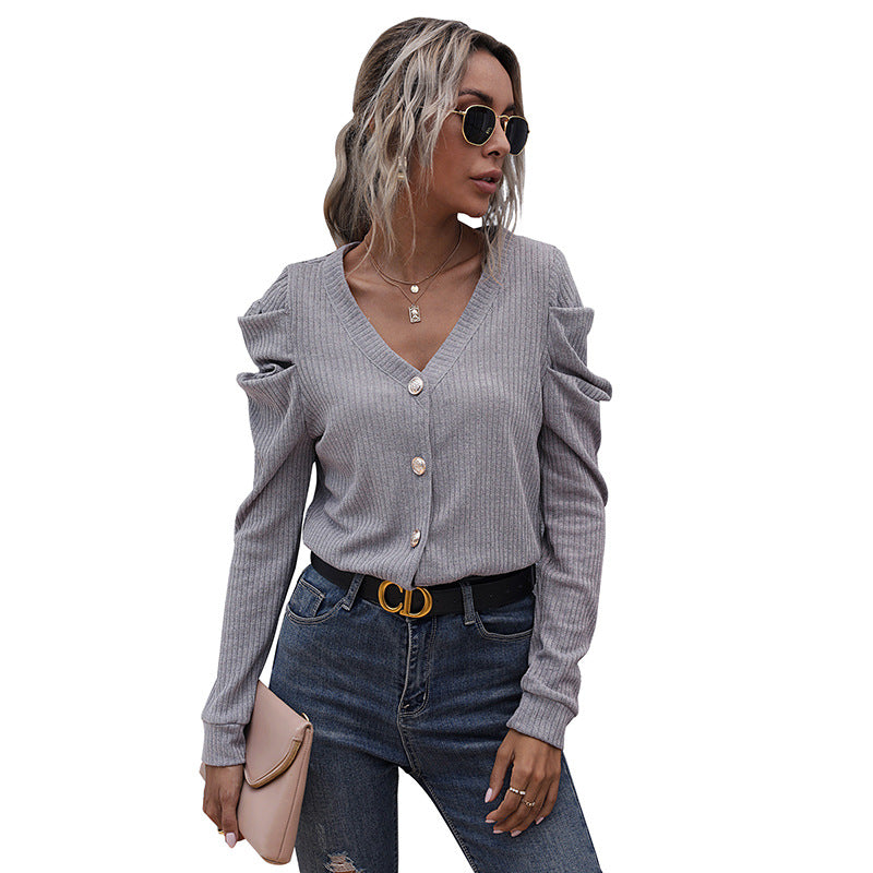 Damen Strickjacke mit dekorativen Knopfdetails und voluminösen Ärmeln EB