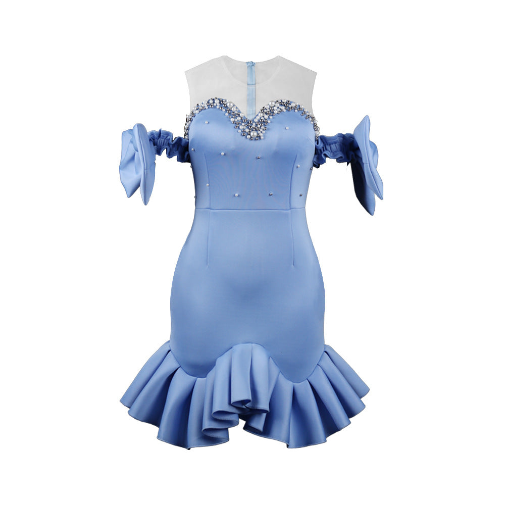 Damen Abendkleid mit transparenten Puffärmeln und Rüschenrand EB