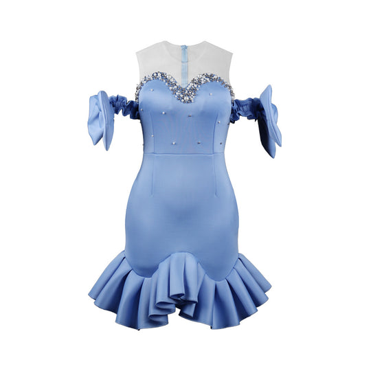 Damen glamouröses Cocktailkleid mit transparenten Puffärmeln und Rüschensaum EB