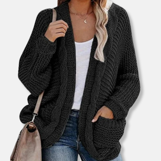 EB | Woll Übergroßer Cardigan Gerippter Offener Fronttaschen Cardigan