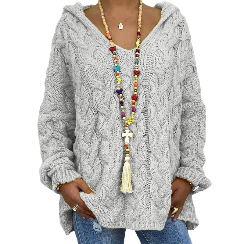 Damen nan oversized Kapuzenpullover mit Zopfmuster, tiefem V-Ausschnitt und seitlichen Schlitzen EB