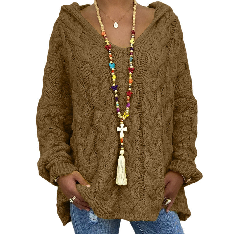 Damen nan oversized Kapuzenpullover mit Zopfmuster, tiefem V-Ausschnitt und seitlichen Schlitzen EB