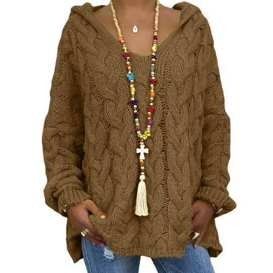 Damen nan oversized Kapuzenpullover mit Zopfmuster, tiefem V-Ausschnitt und seitlichen Schlitzen EB
