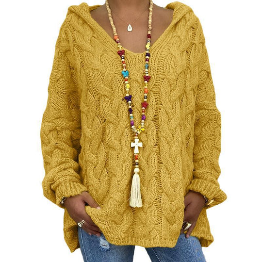 Damen nan oversized Kapuzenpullover mit Zopfmuster, tiefem V-Ausschnitt und seitlichen Schlitzen EB