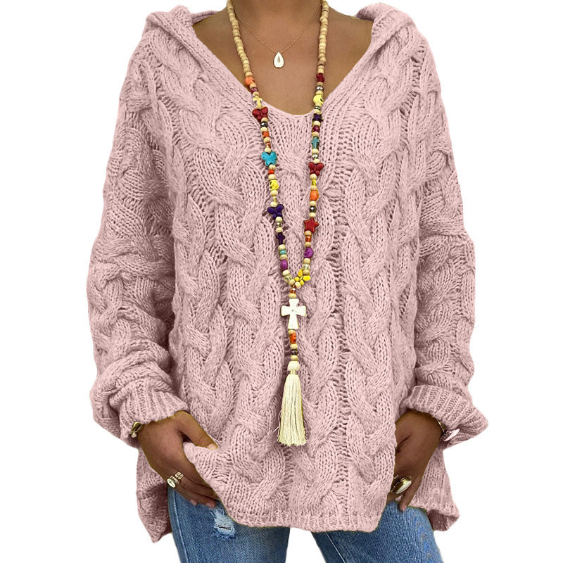 Damen nan oversized Kapuzenpullover mit Zopfmuster, tiefem V-Ausschnitt und seitlichen Schlitzen EB