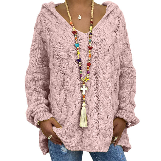 Damen nan oversized Kapuzenpullover mit Zopfmuster, tiefem V-Ausschnitt und seitlichen Schlitzen EB