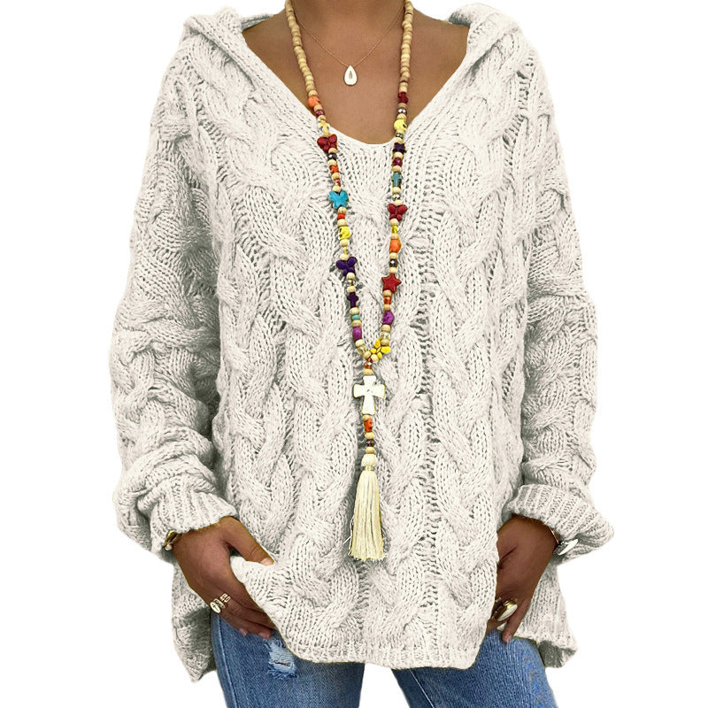 Damen nan oversized Kapuzenpullover mit Zopfmuster, tiefem V-Ausschnitt und seitlichen Schlitzen EB