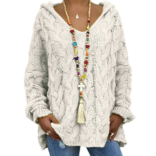Damen nan oversized Kapuzenpullover mit Zopfmuster, tiefem V-Ausschnitt und seitlichen Schlitzen EB