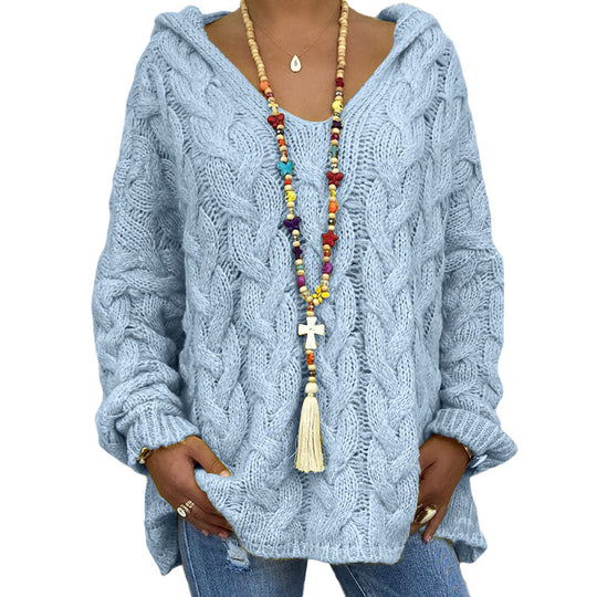 Damen nan oversized Kapuzenpullover mit Zopfmuster, tiefem V-Ausschnitt und seitlichen Schlitzen EB