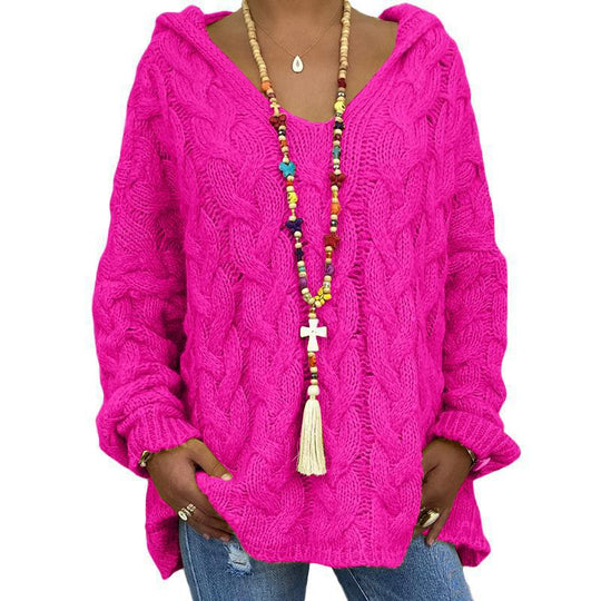 Damen nan oversized Kapuzenpullover mit Zopfmuster, tiefem V-Ausschnitt und seitlichen Schlitzen EB