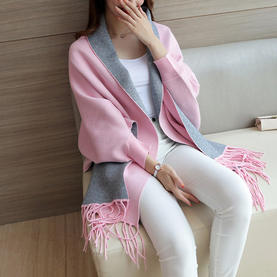 Damen eleganter Schal mit Fransen und kontrastierenden Farbdetails EB