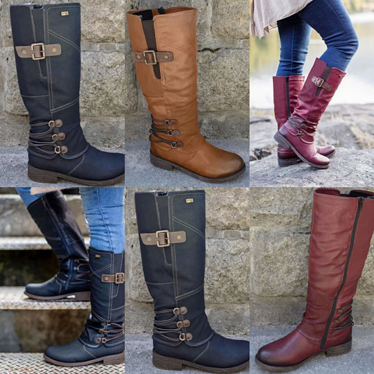 Damen Overknee Stiefel mit modischem Riemendesign und komfortablem Blockabsatz EB