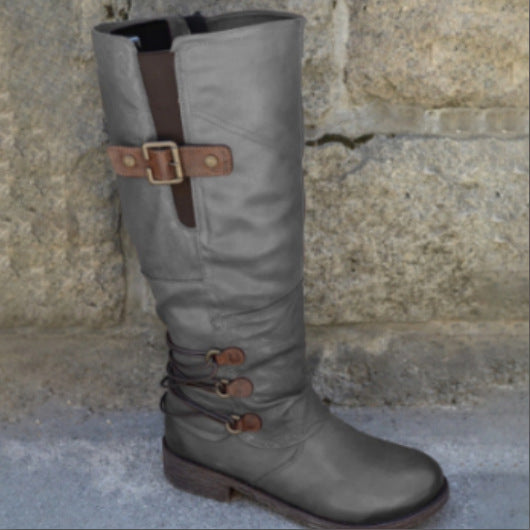 Damen nan wadenhohe Stiefel in Lederoptik mit verstellbaren Zierriemen und profilierter Gummisohle EB