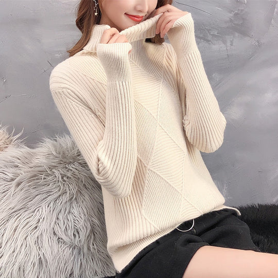 Damen Strickpullover mit hohem Rollkragen und strukturiertem Rippdesign EB
