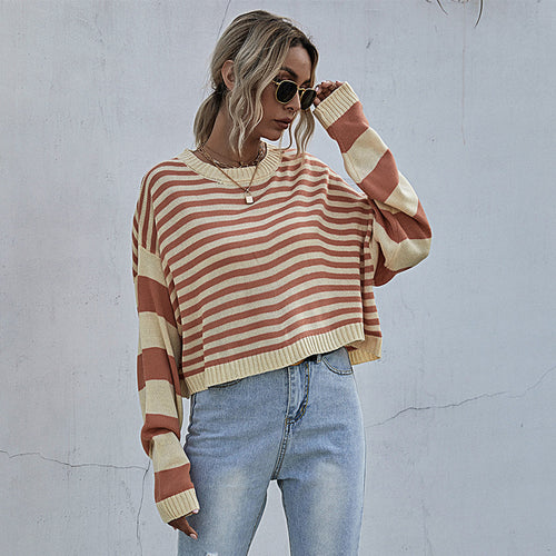 Damen lässiger Oversized Pullover mit Streifenmuster und weiten Ärmeln EB
