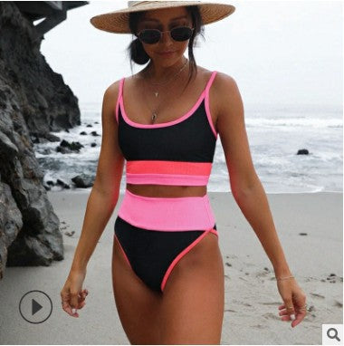 Damen Hoch tailliertes Bikini-Set mit modischen Blockstreifen EB