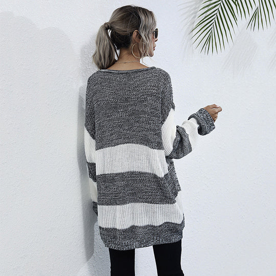 Damen lässiger Strickpullover mit modischem Streifenmuster und komfortablem Schnitt EB