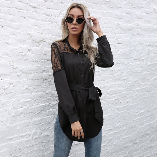 Damen Hemdblusenkleid mit transparenter Spitzenoptik und tailliertem Gürtel EB