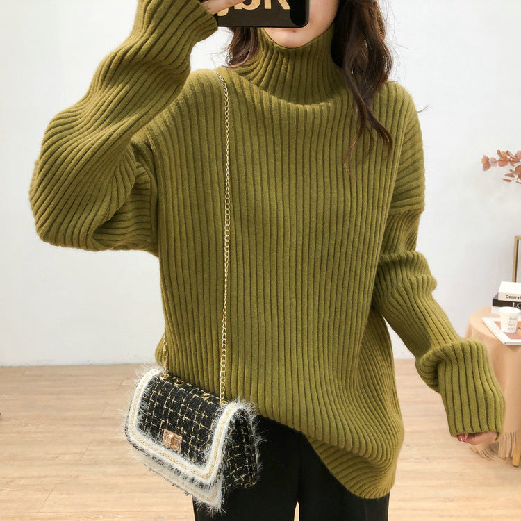 Damen Grobstrickpullover mit hohem Kragen und feiner Rippstruktur EB