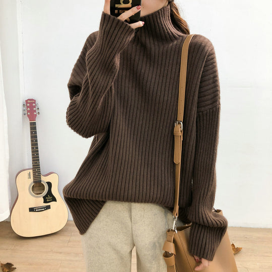 Damen Grobstrickpullover mit hohem Kragen und feiner Rippstruktur EB