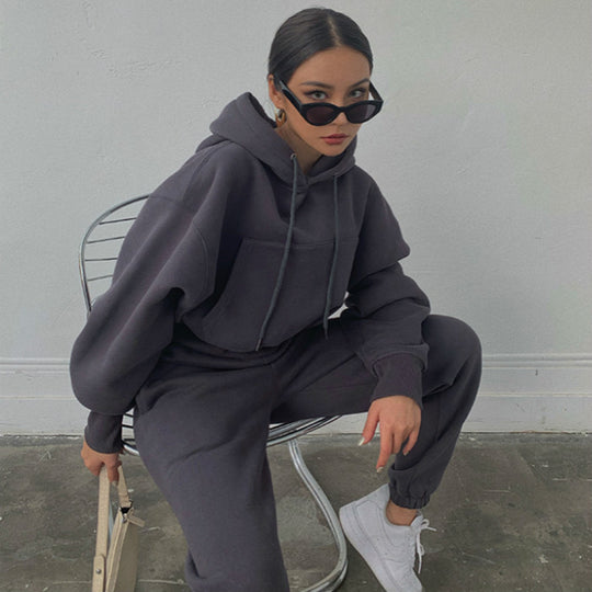 Damen nan kuscheliges kurzes Kapuzenpullover- und hochgeschnittene Jogginghose Set EB
