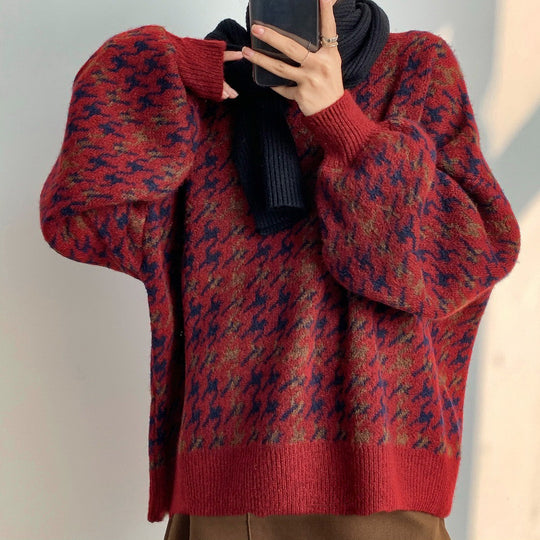 Damen Grob gestrickter Pullover mit modernen Mustern und hohem Kragen EB