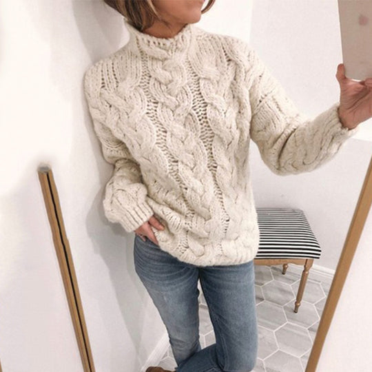 Damen Grobstrickpullover mit Kunststrickmuster und hohem Kragen EB