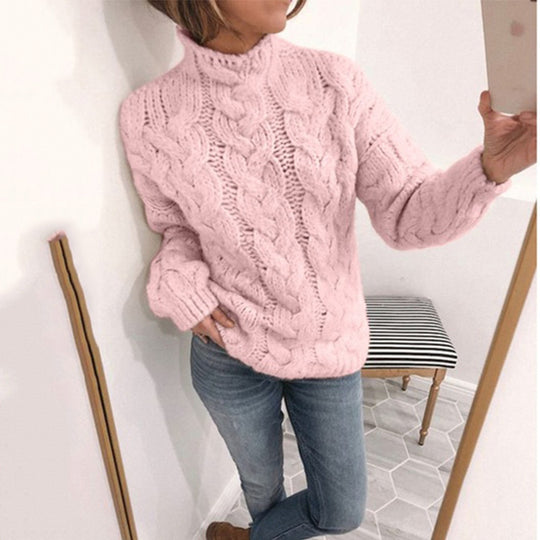 Damen Grobstrickpullover mit Kunststrickmuster und hohem Kragen EB