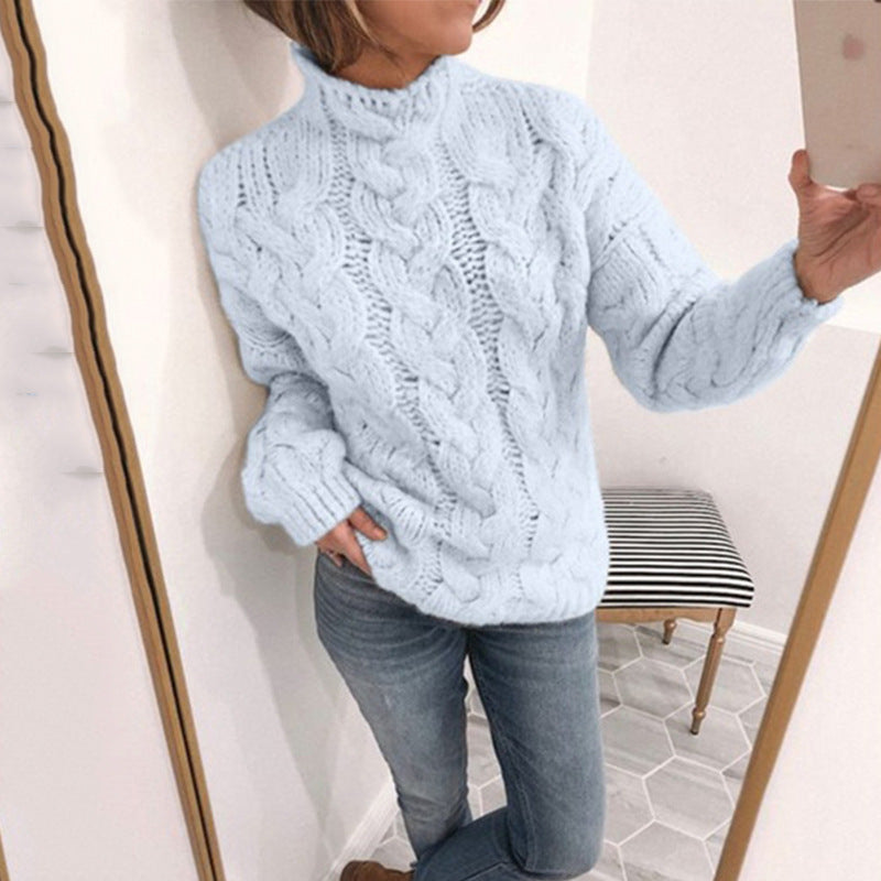 Damen Grobstrickpullover mit Kunststrickmuster und hohem Kragen EB