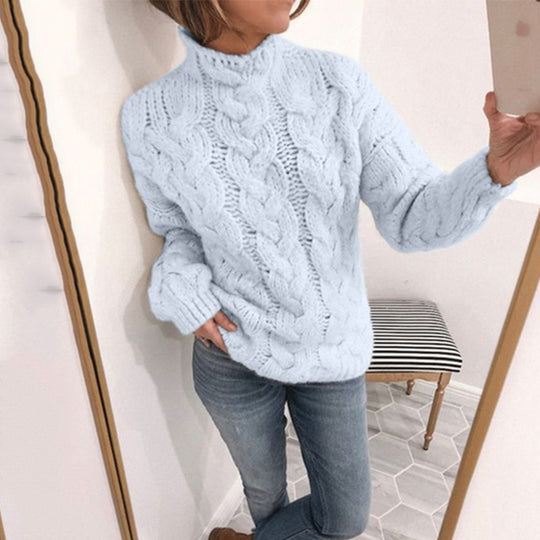 Damen Grobstrickpullover mit Kunststrickmuster und hohem Kragen EB