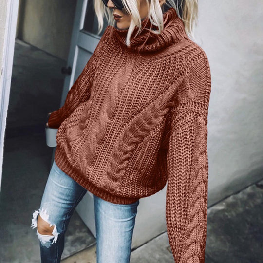 Damen nan Oversized Strickpullover mit grobem Zopfmuster und Rollkragen EB
