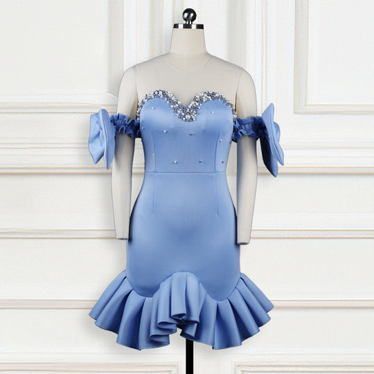 Damen glamouröses Cocktailkleid mit transparenten Puffärmeln und Rüschensaum EB