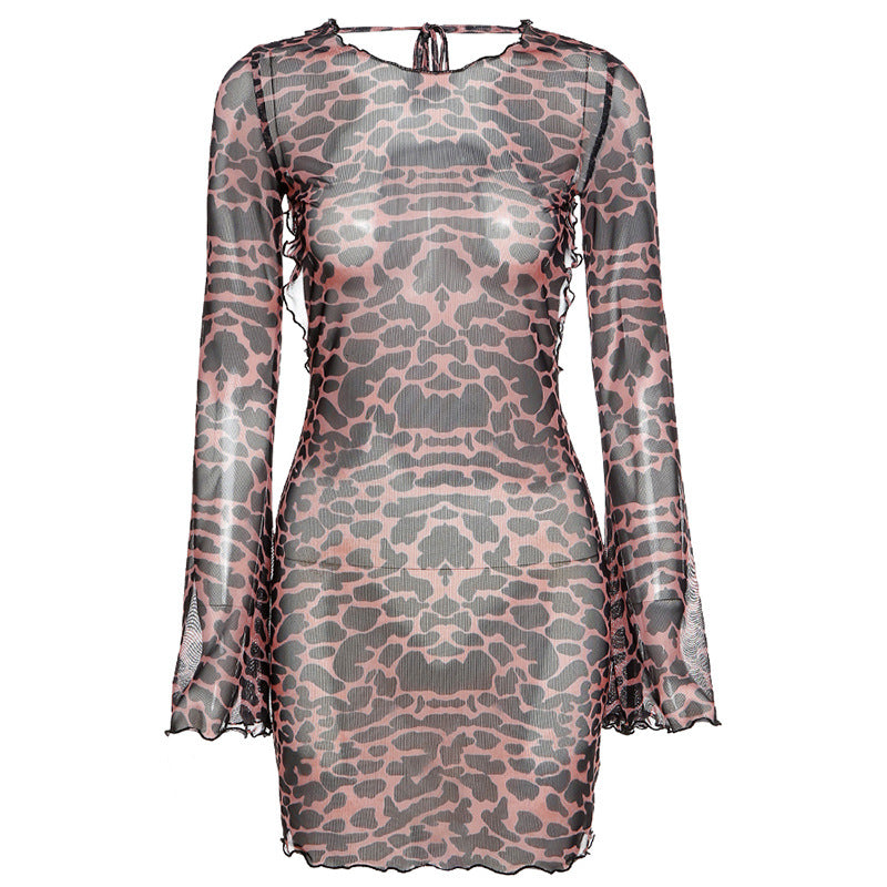 Damen Transparente Minikleid mit elegantem Leo-Print und weiten Ärmel EB