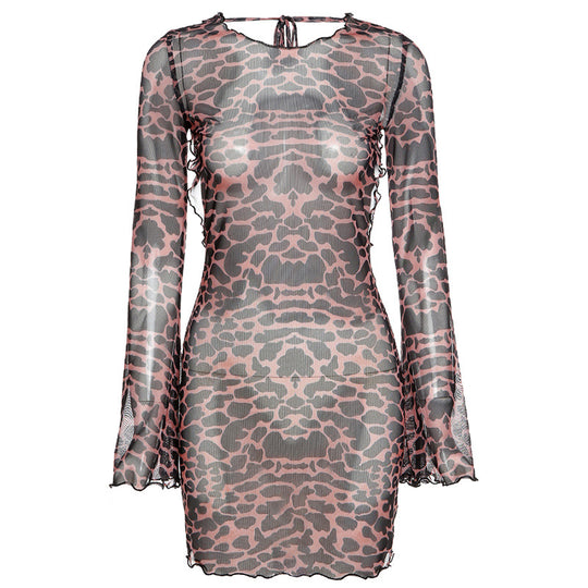 Damen Transparente Minikleid mit elegantem Leo-Print und weiten Ärmel EB