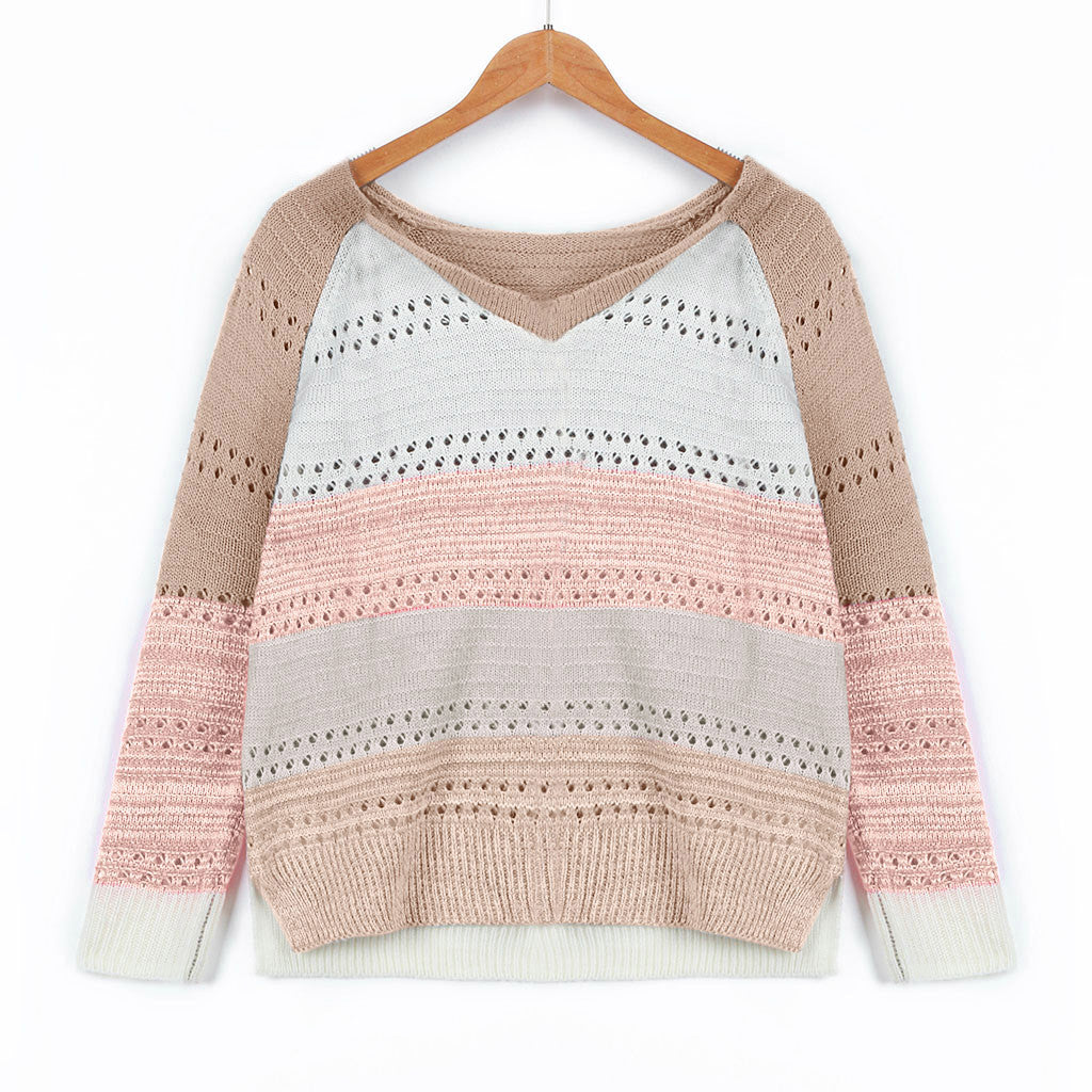 Damen Strickpullover mit V‑Ausschnitt, lockerem Oversize‑Schnitt und Ajour‑Muster EB