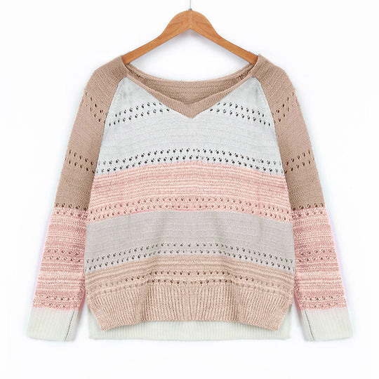 Damen Strickpullover mit V‑Ausschnitt, lockerem Oversize‑Schnitt und Ajour‑Muster EB