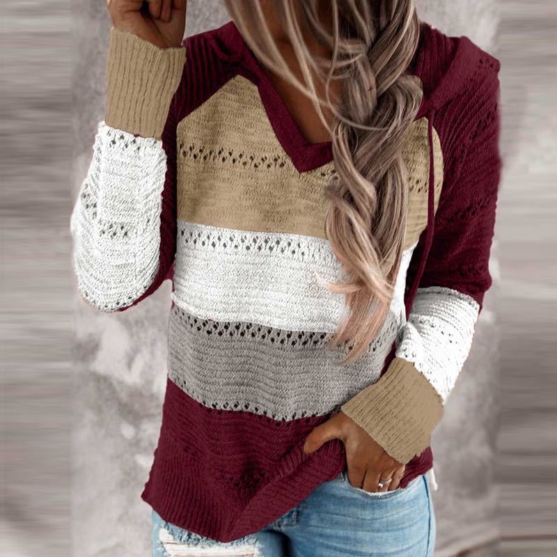 Damen Lockerer Strickkapuzenpullover mit Lochmuster und Eingrifftasche EB