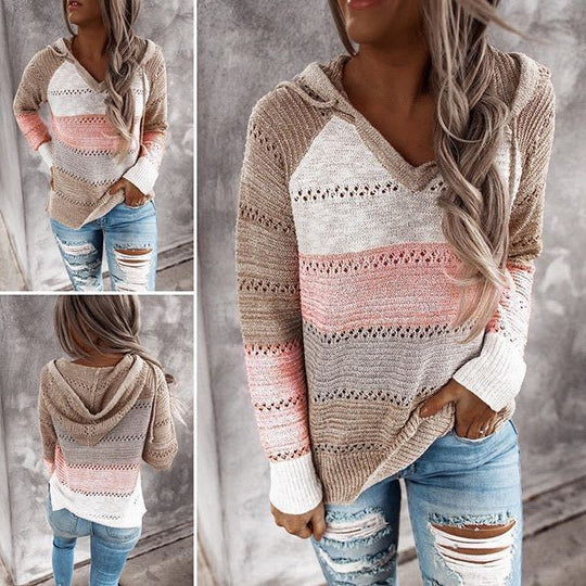 Damen Lockerer Strickkapuzenpullover mit Lochmuster und Eingrifftasche EB