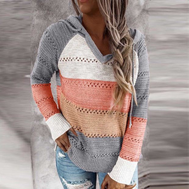 Damen Lockerer Strickkapuzenpullover mit Lochmuster und Eingrifftasche EB