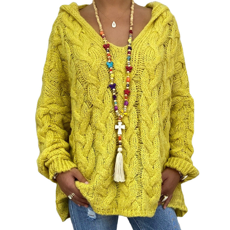 Damen nan oversized Kapuzenpullover mit Zopfmuster, tiefem V-Ausschnitt und seitlichen Schlitzen EB