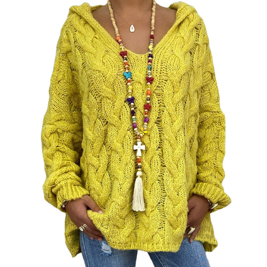 Damen nan oversized Kapuzenpullover mit Zopfmuster, tiefem V-Ausschnitt und seitlichen Schlitzen EB