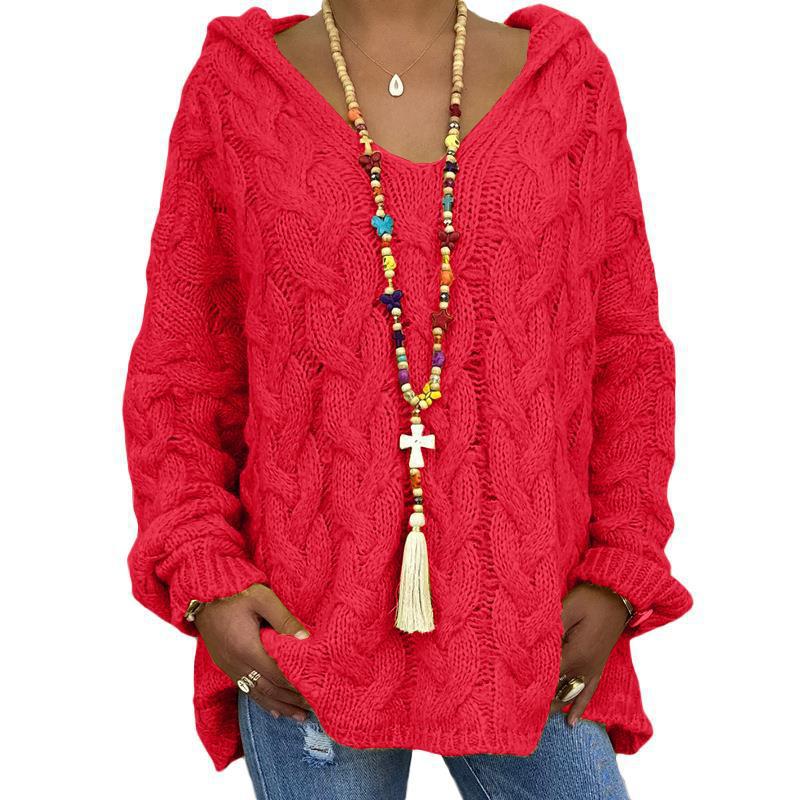 Damen nan oversized Kapuzenpullover mit Zopfmuster, tiefem V-Ausschnitt und seitlichen Schlitzen EB