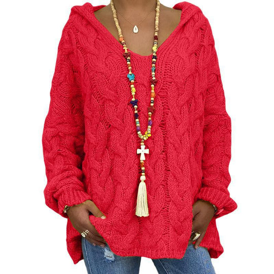 Damen nan oversized Kapuzenpullover mit Zopfmuster, tiefem V-Ausschnitt und seitlichen Schlitzen EB